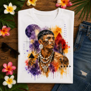 Colorful tribal watercolor portrait t shirt featuring an indigenous-inspired warrior with geometric accents and vibrant artistic splashes.