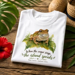 Watercolor coquí frog on tropical leaves with quote When the coquí sings the island speaks