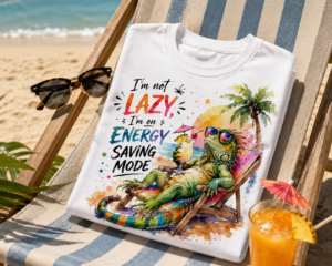 Colorful iguana relaxing in beach chair with tropical drink and Energy Saving Mode slogan