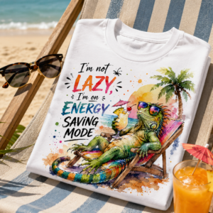Colorful iguana relaxing in beach chair with tropical drink and Energy Saving Mode slogan