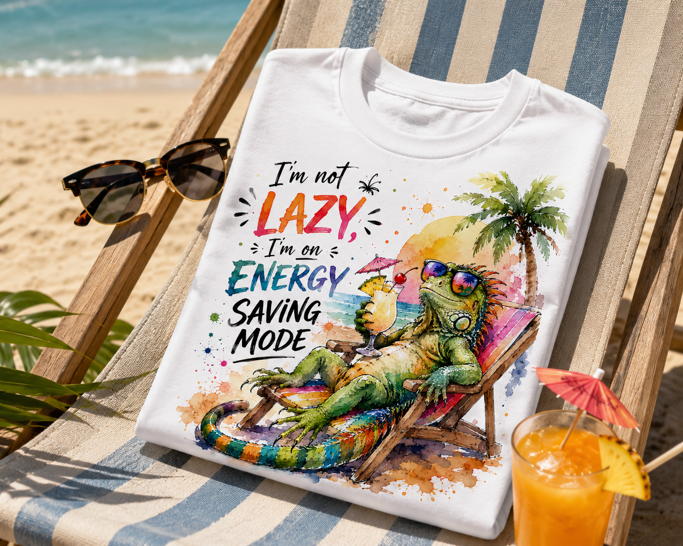Colorful iguana relaxing in beach chair with tropical drink and Energy Saving Mode slogan