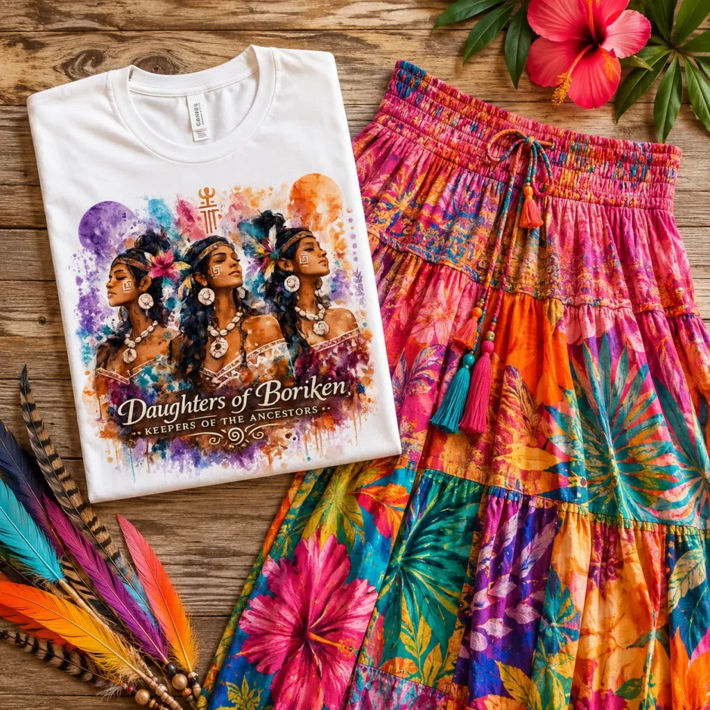 Daughters of Borikén T-Shirt featuring three Taíno women with colorful watercolor artwork and ancestral heritage theme