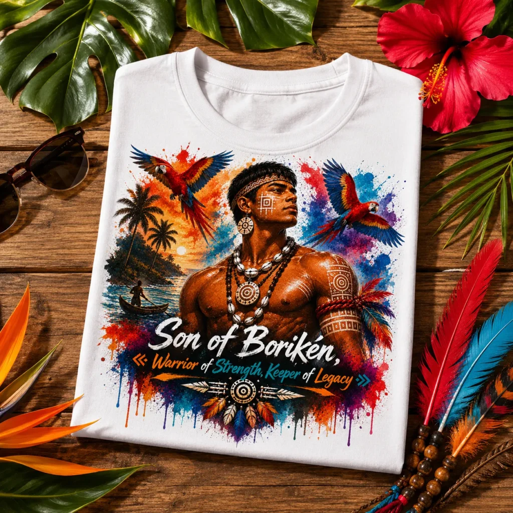 Son of Borikén T-Shirt featuring a Taíno warrior with tropical artwork symbolizing strength, heritage, and legacy