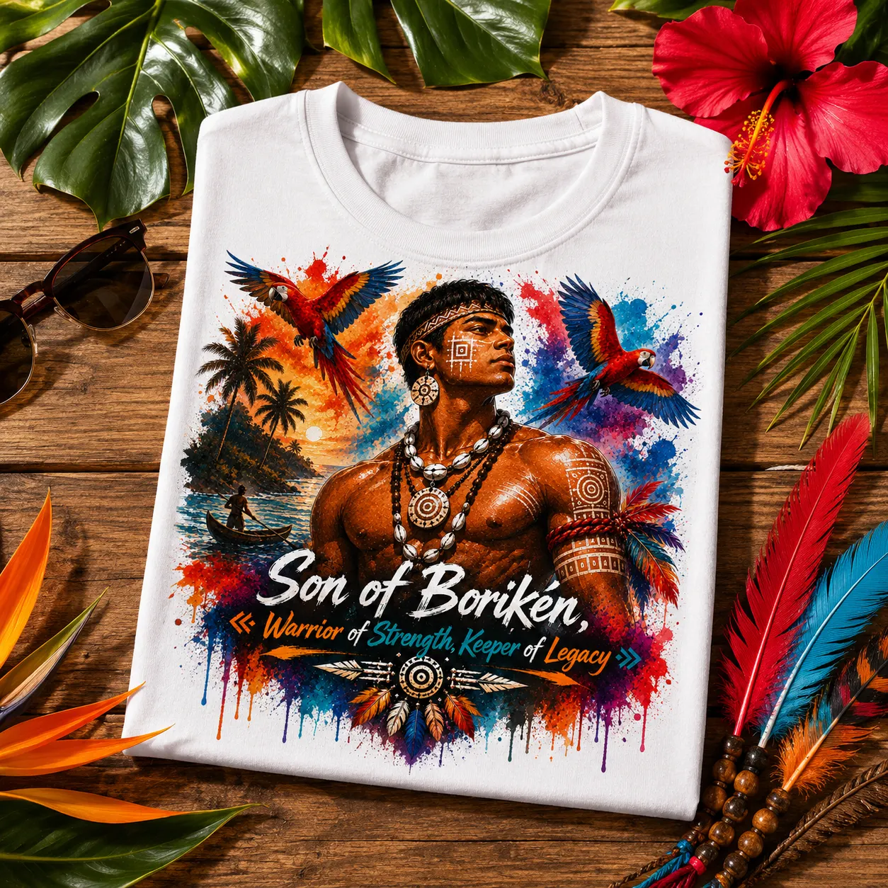 Son of Borikén T-Shirt featuring a Taíno warrior with tropical artwork symbolizing strength, heritage, and legacy