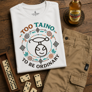 Too Taino To Be Ordinary T-Shirt featuring colorful Taíno symbols and heritage-inspired circular artwork