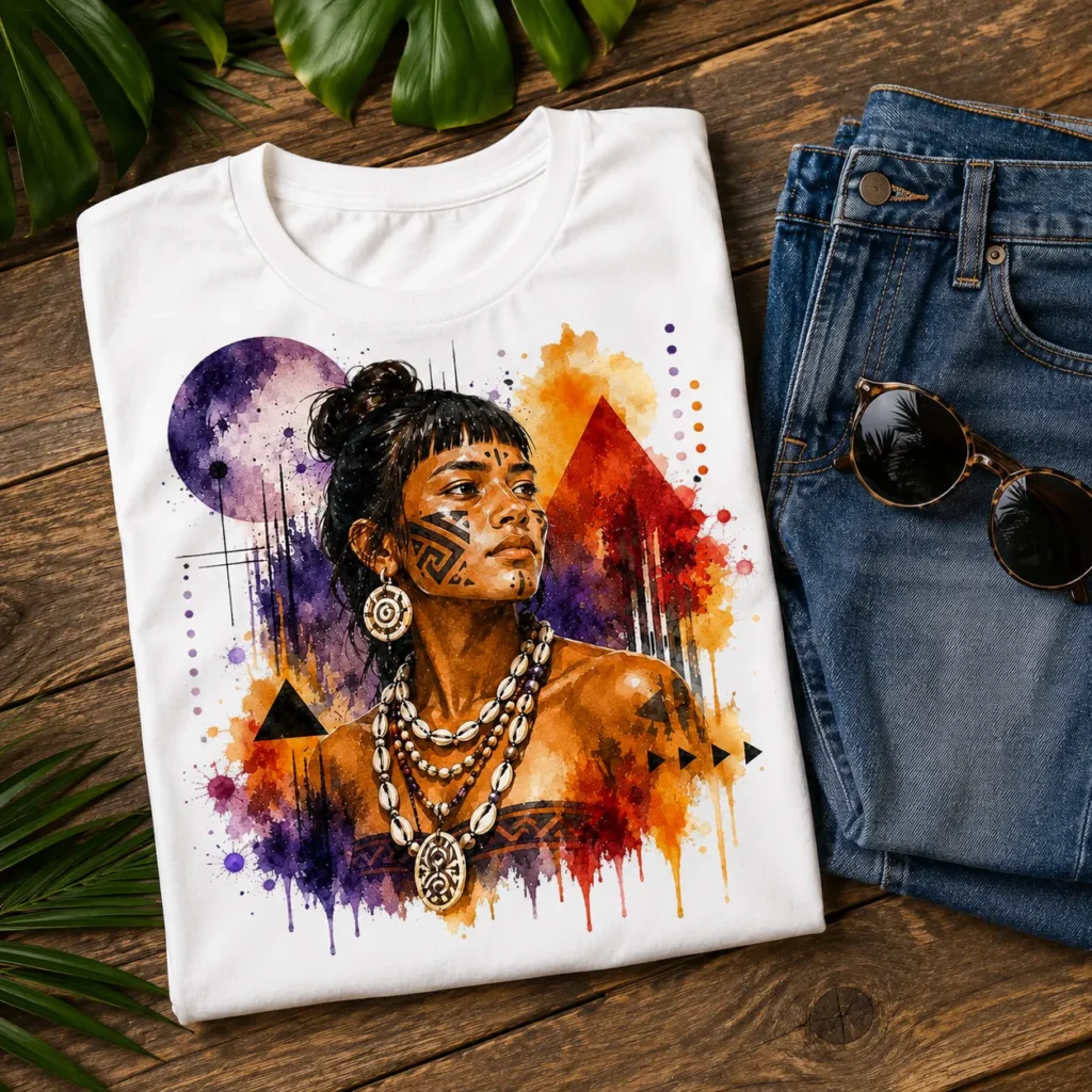 Daughter of Borikén T-Shirt featuring colorful watercolor portrait artwork inspired by Taíno heritage and Puerto Rican culture