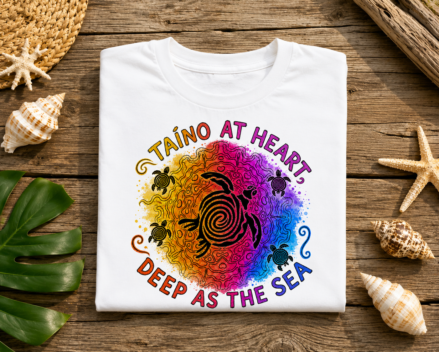 Taino at Heart T-Shirt featuring colorful sea turtle artwork inspired by Taíno culture and Caribbean ocean heritage
