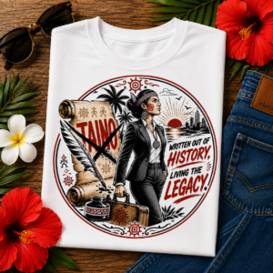 Taino Heritage Tee featuring Indigenous woman, ancestral Taíno symbols, and Living the Legacy cultural heritage artwork