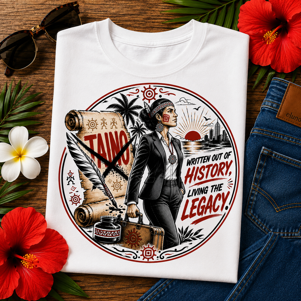 Taino Heritage Tee featuring Indigenous woman, ancestral Taíno symbols, and Living the Legacy cultural heritage artwork