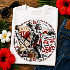 Taíno Heritage T-Shirt featuring cultural artwork and the slogan "Written Out of History, Living the Legacy" inspired by Puerto Rican and Caribbean heritage.