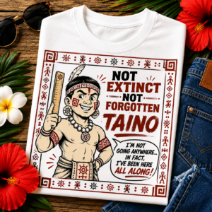 Taíno Heritage T-Shirt with the slogan "Not Extinct Not Forgotten" celebrating Taíno culture, resilience, and Caribbean heritage.