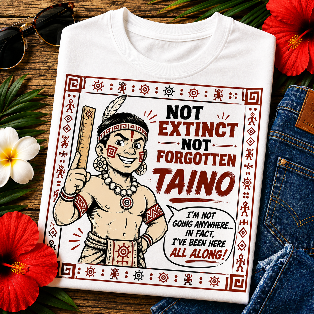 Taíno Heritage T-Shirt with the slogan "Not Extinct Not Forgotten" celebrating Taíno culture, resilience, and Caribbean heritage.