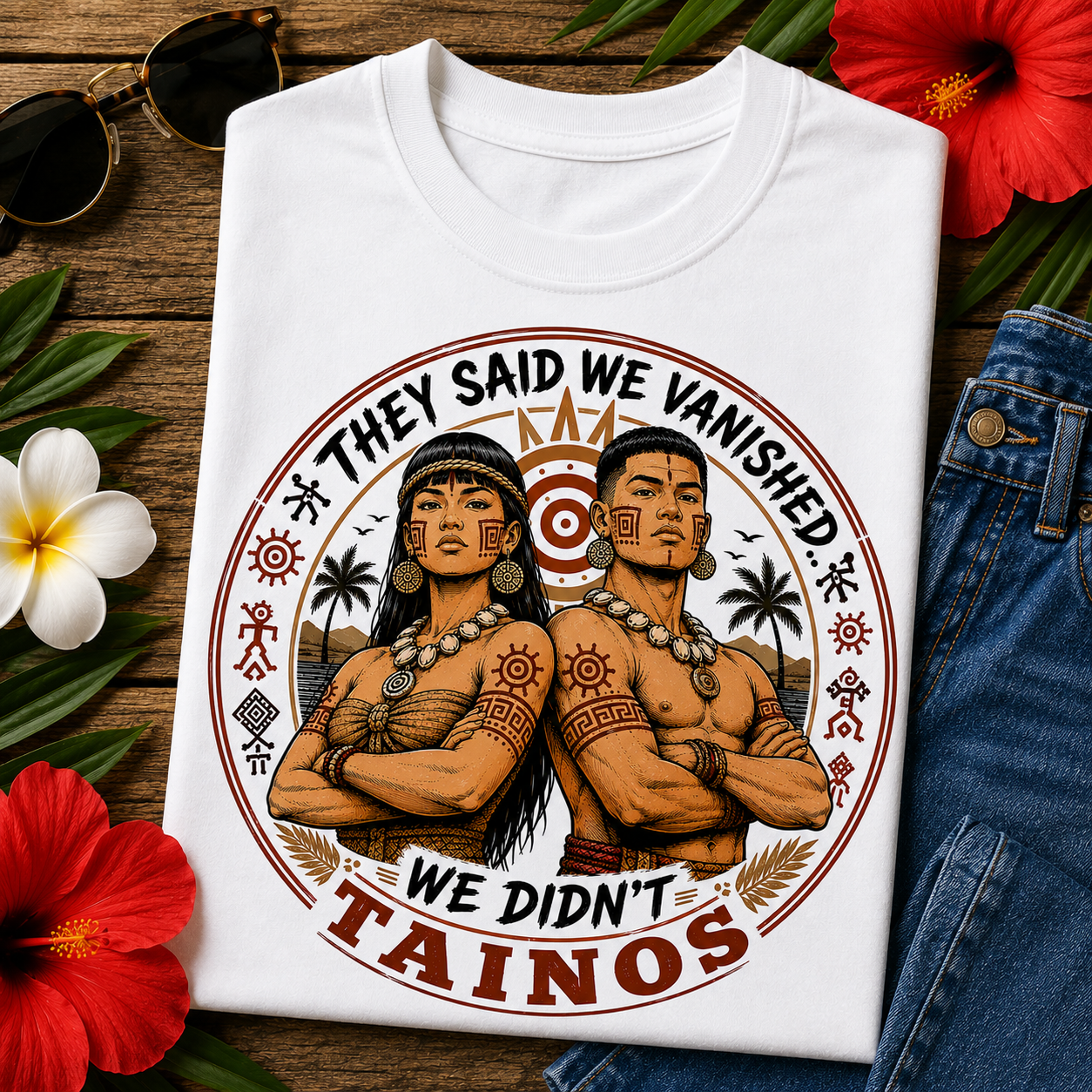 Indigenous Pride T-Shirt featuring the slogan "They Said We Vanished, We Didn't, Taínos" celebrating Taíno heritage, cultural resilience, and Caribbean identity.