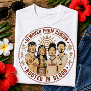 Taíno Pride Tee featuring the slogan "Removed From Census, Rooted in Blood" celebrating Taíno ancestry, cultural resilience, and Caribbean heritage.