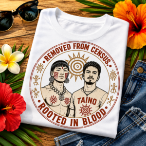 Taíno Pride Tee featuring the slogan "Removed From Census, Rooted In Blood" celebrating Taíno heritage, ancestral roots, and Caribbean cultural resilience.