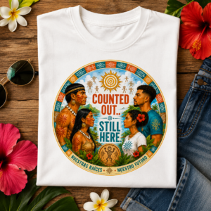 Counted Out...Still Here Tee featuring Indigenous-inspired artwork celebrating resilience, cultural pride, ancestral roots, and Caribbean heritage.