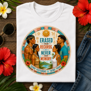 Taíno Heritage T-Shirt featuring the slogan "Erased From Records, Never From Memory" celebrating ancestry, cultural resilience, and Caribbean heritage.