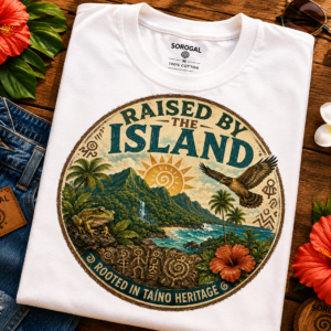 Raised by the Island T-Shirt featuring tropical beach artwork inspired by island life, ocean breezes, sunshine, and Caribbean culture