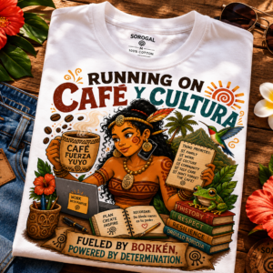 Café Cultura T-Shirt featuring the phrase "Running on Café y Cultura" celebrating Puerto Rican coffee traditions, cultural pride, and island heritage.