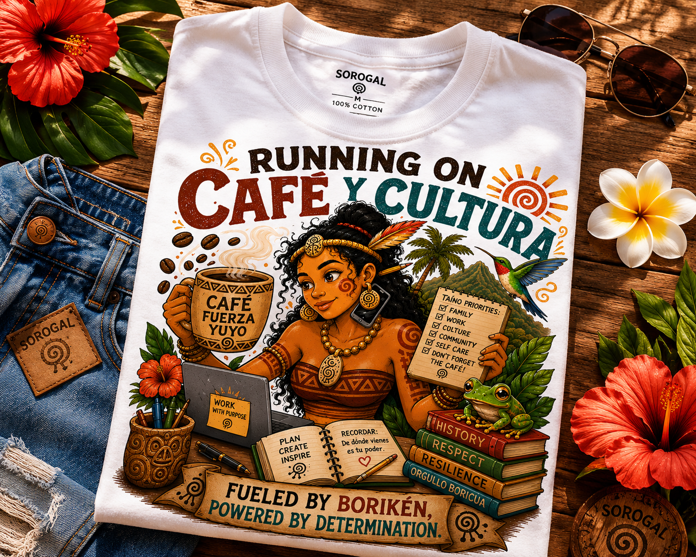 Café Cultura T-Shirt featuring the phrase "Running on Café y Cultura" celebrating Puerto Rican coffee traditions, cultural pride, and island heritage.