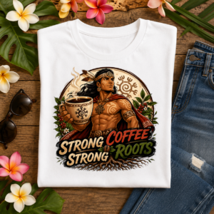 Taino Coffee Lover Shirt featuring Strong Coffee Strong Roots artwork with Taíno warrior, coffee cup, coffee plants, and ancestral symbols