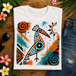 Colorful geometric bird t shirt featuring tribal-inspired artwork, abstract symbols, spirals, and modern graphic design elements.