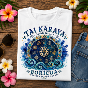 Tai Karaya Boricua Shirt featuring Taíno symbols, Caribbean ocean waves, night sky artwork, and Puerto Rican heritage design