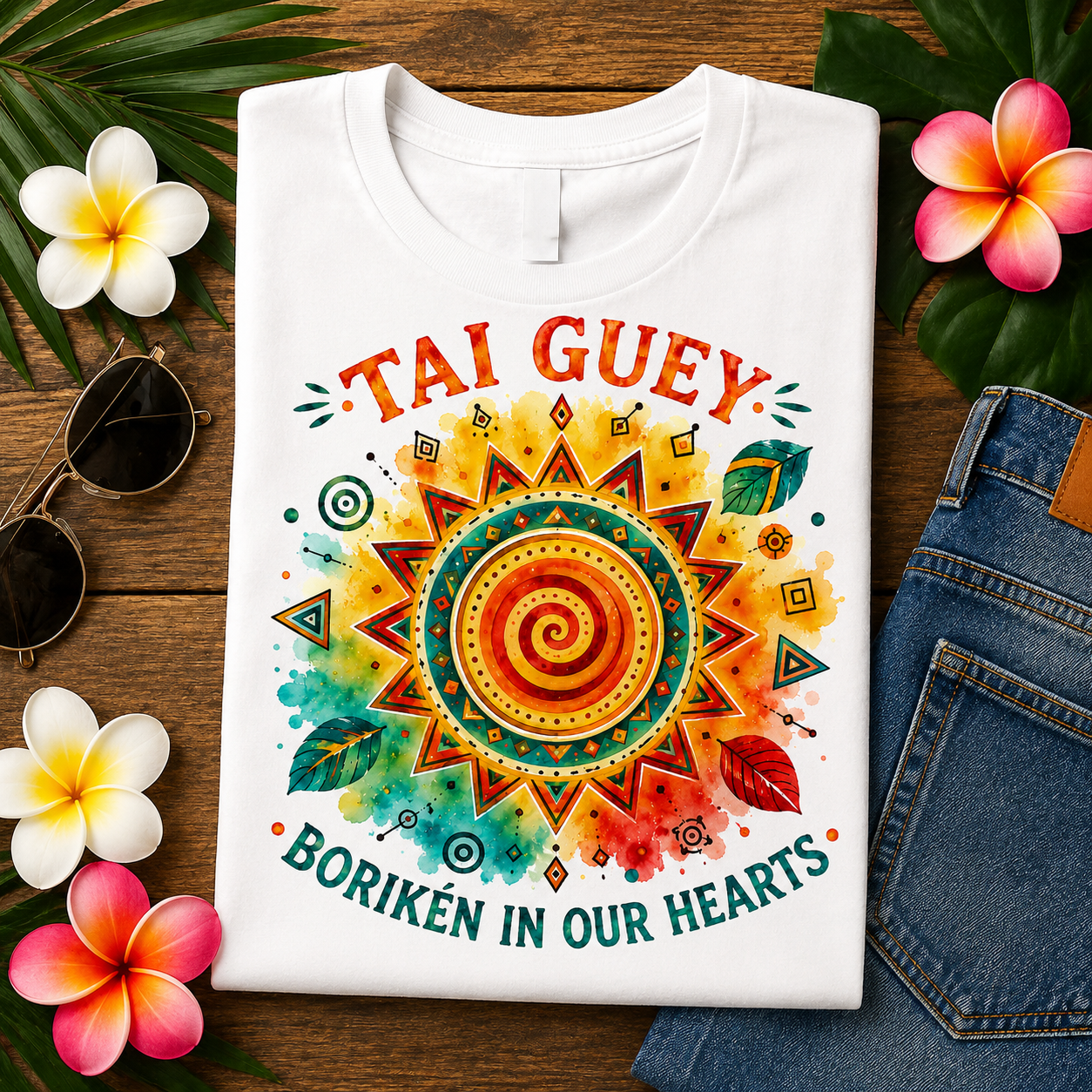 Puerto Rican Pride Heritage Tee featuring colorful Tai Guey sunburst symbol, watercolor artwork, and Borikén inspired design