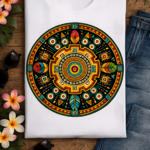 Indigenous Caribbean Circle Art Tee featuring colorful Taíno inspired geometric patterns, decorative feathers, and vibrant circular design