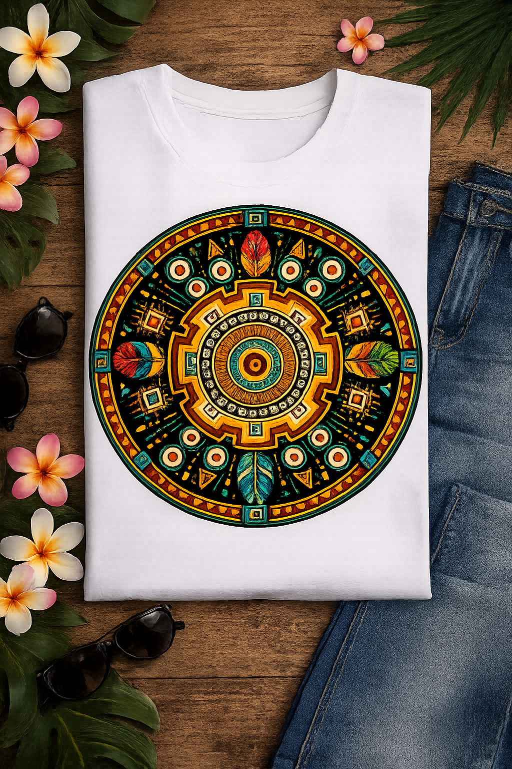 Indigenous Caribbean Circle Art Tee featuring colorful Taíno inspired geometric patterns, decorative feathers, and vibrant circular design