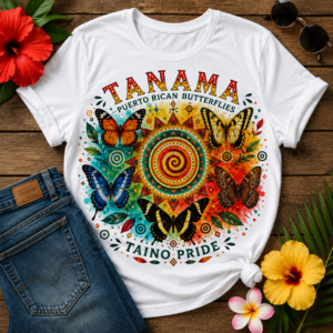 Tanamá Puerto Rican Butterflies Taíno Pride colorful butterfly graphic t-shirt design inspired by Borikén heritage and Caribbean wildlife
