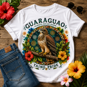 Guaraguao Puerto Rican Hawk Taíno Pride graphic t-shirt featuring colorful wildlife artwork, tropical flowers, and Borikén heritage design