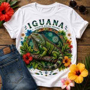 Puerto Rican Iguana graphic t-shirt featuring colorful tropical flowers, Caribbean wildlife artwork, and Taíno-inspired island heritage design