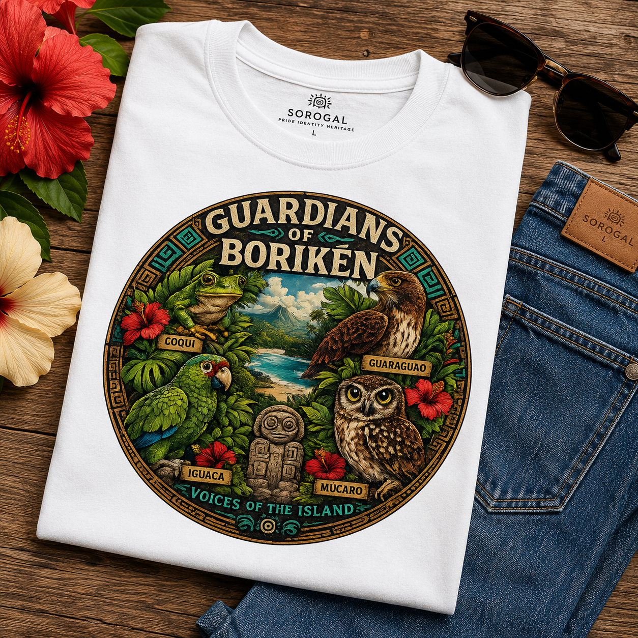 Puerto Rico Taino Nature Graphic Shirt featuring Coquí frog, Iguaca parrot, Guaraguao hawk, Múcaro owl, and Taíno-inspired Borikén wildlife artwork