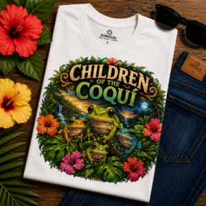 Children of the Coquí T-shirt featuring a colorful coquí frog family with tropical flowers, waterfalls, and Puerto Rico island scenery