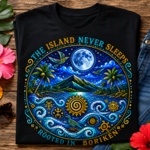 Island Never Sleeps tropical moonlit beach design featuring Caribbean mountains, ocean waves, palm trees, birds, and Taíno-inspired symbols under a bright full moon.