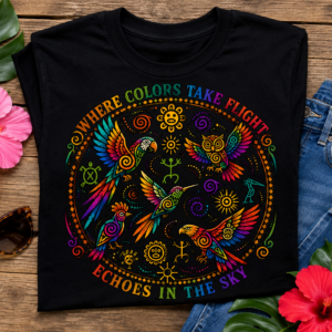 Colorful tropical bird design featuring hummingbirds, parrots, owls, hawks, and Taíno-inspired symbols with vibrant rainbow colors on a black background.