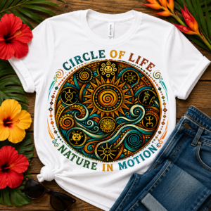 Colorful Circle of Life mandala featuring a radiant sun, flowing waves, Taíno-inspired symbols, spirals, and nature elements in turquoise and gold tones.
