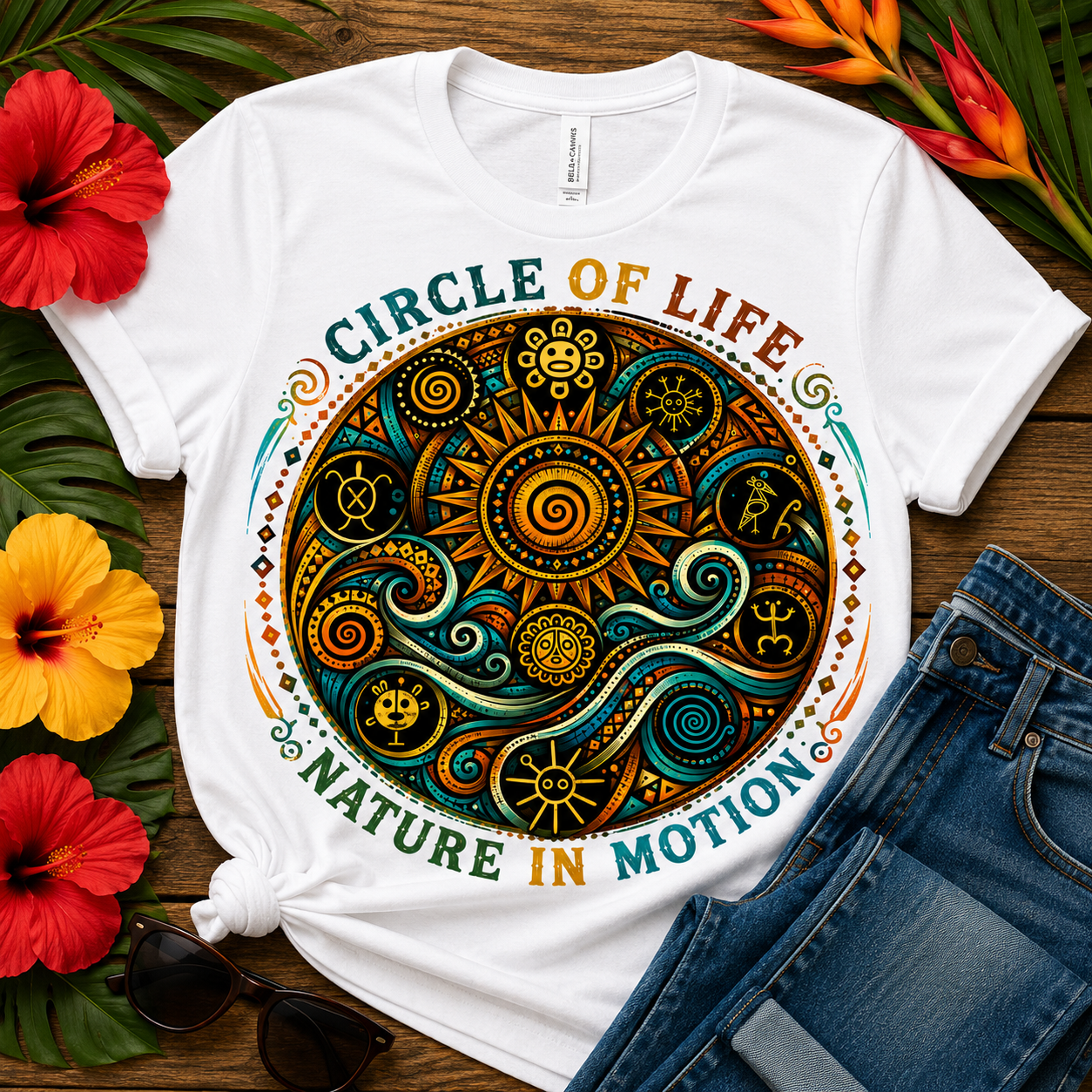 Colorful Circle of Life mandala featuring a radiant sun, flowing waves, Taíno-inspired symbols, spirals, and nature elements in turquoise and gold tones.