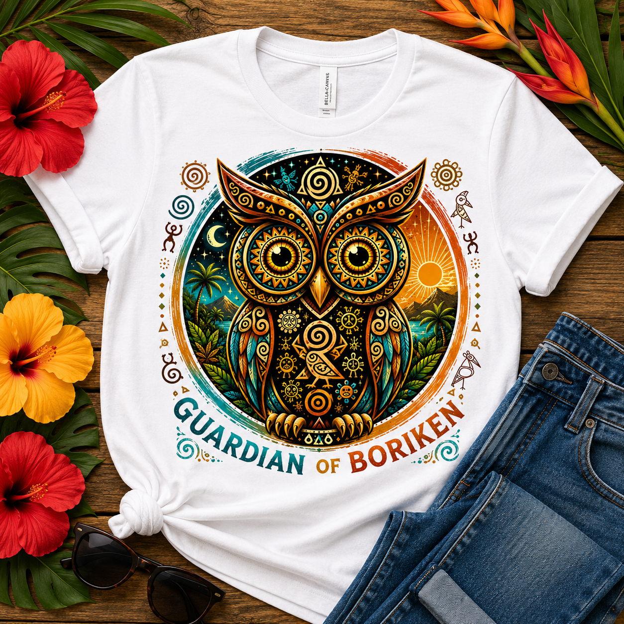 Colorful tribal owl design featuring Taíno-inspired symbols, tropical mountains, palm trees, sunset, moon, and Caribbean wildlife elements representing the Guardian of Borikén.