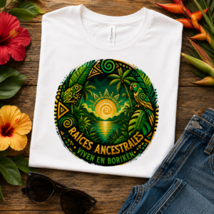 Raíces Ancestrales design featuring a tribal sun, tropical rainforest, coquí frog, Puerto Rican parrot, palm trees, and Taíno-inspired symbols representing Borikén heritage.