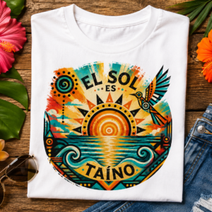 El Sol Es Taíno T-Shirt featuring a vibrant Caribbean sunset, ocean waves, hummingbird, and Taíno-inspired tribal sun design.