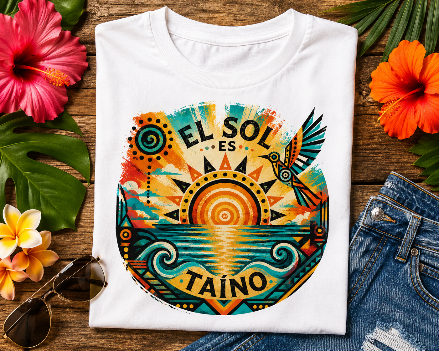 El Sol Es Taíno T-Shirt featuring a vibrant Caribbean sunset, ocean waves, hummingbird, and Taíno-inspired tribal sun design.