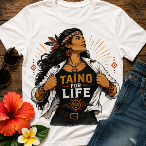 Taíno For Life Indigenous Pride Puerto Rican Heritage Graphic T-Shirt featuring modern Taíno woman illustration