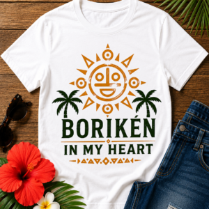 Borikén In My Heart T-Shirt featuring Taíno sun symbol and tropical palm trees celebrating Puerto Rican heritage