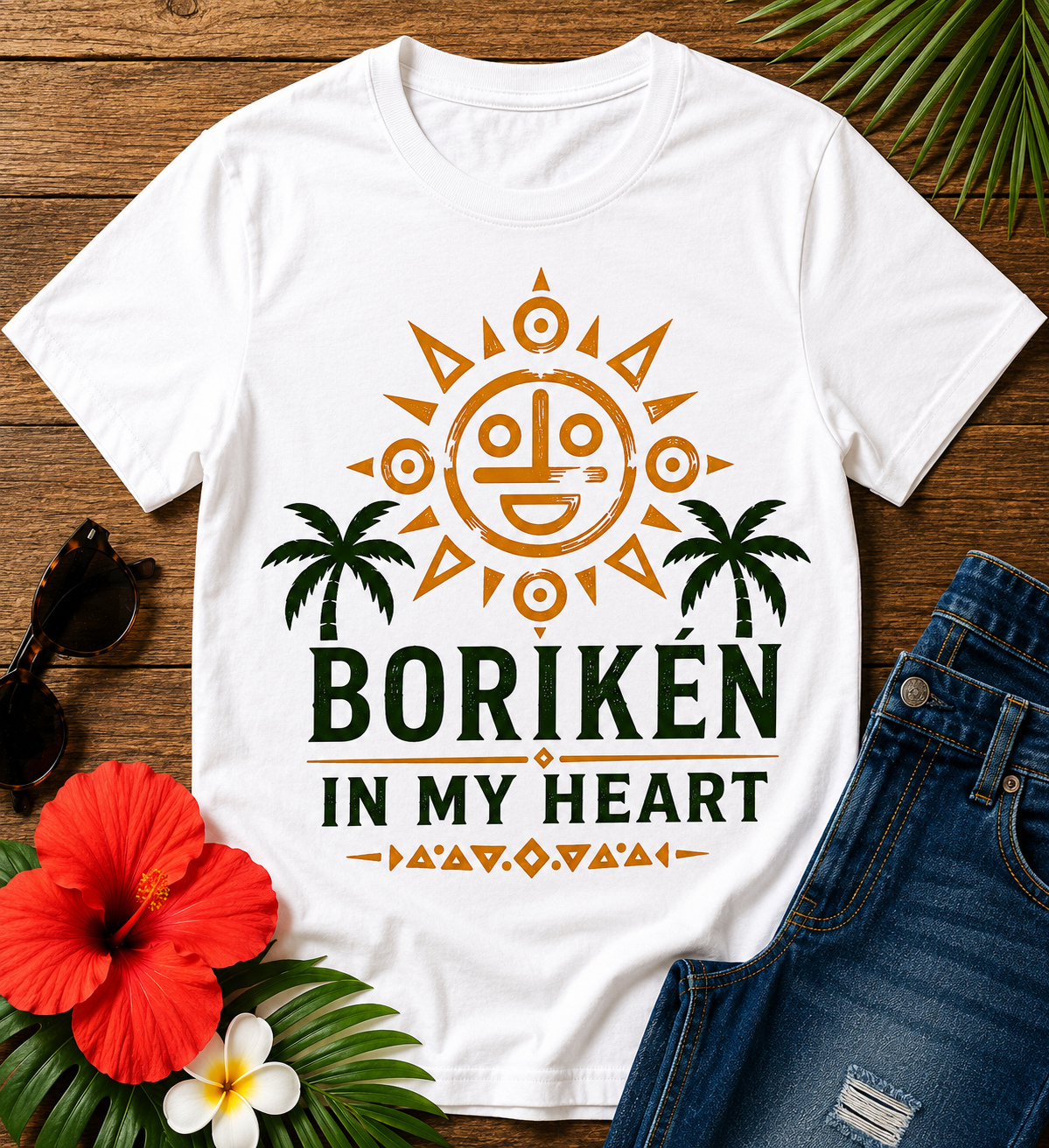 Borikén In My Heart T-Shirt featuring Taíno sun symbol and tropical palm trees celebrating Puerto Rican heritage