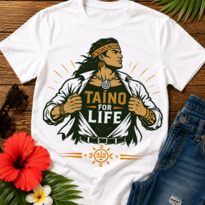Taíno For Life Graphic Tee featuring modern Taíno warrior illustration celebrating Puerto Rican heritage and Indigenous pride