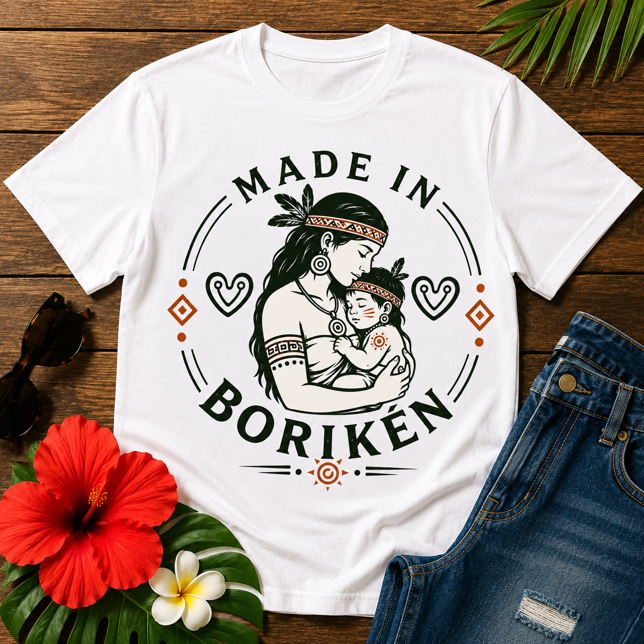 Made in Borikén T-Shirt featuring Taíno mother and child illustration celebrating Puerto Rican heritage and family traditions