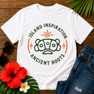Island Inspiration T-Shirt featuring Indigenous-inspired symbol and Caribbean sun design celebrating ancient roots and island heritage