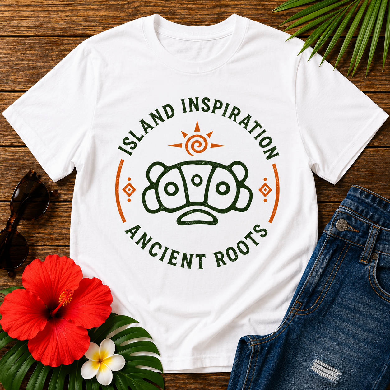 Island Inspiration T-Shirt featuring Indigenous-inspired symbol and Caribbean sun design celebrating ancient roots and island heritage